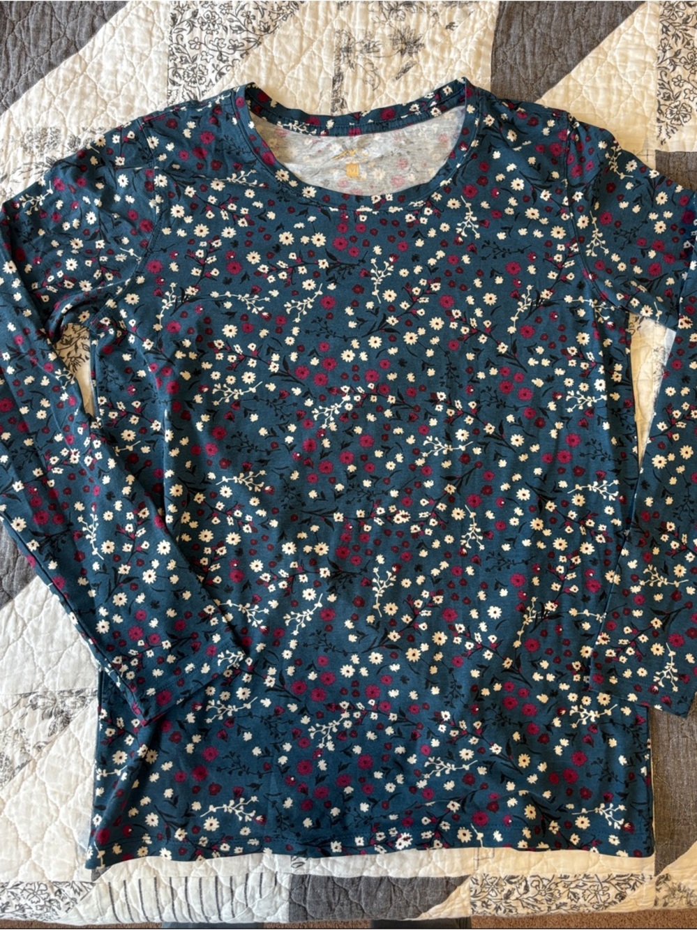 Women's Teal Floral Long-Sleeve Tee with Burgundy and White Flowers